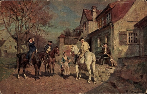 Artist Postcard Velten, W., landlady in conversation with riders