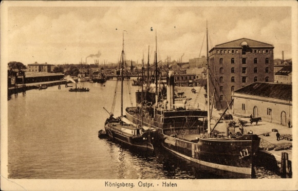 Kaliningrad Königsberg East Prussia, harbor view, ships, East Prussia, text in German
