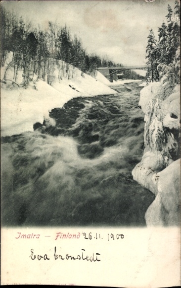 PC Imatra Finland, river landscape, snow, bridge, postmark, 26.11.1900