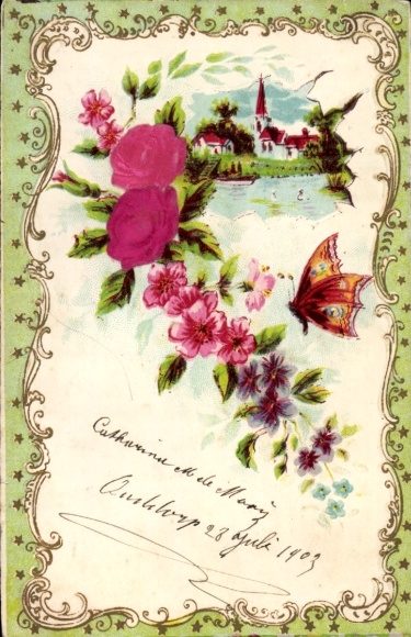 Embosser material Postcard flowers, butterfly, house