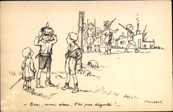 Artist Postcard Poulbot, Francisque, Ben, mon vieux, boy tries on spiked helmet