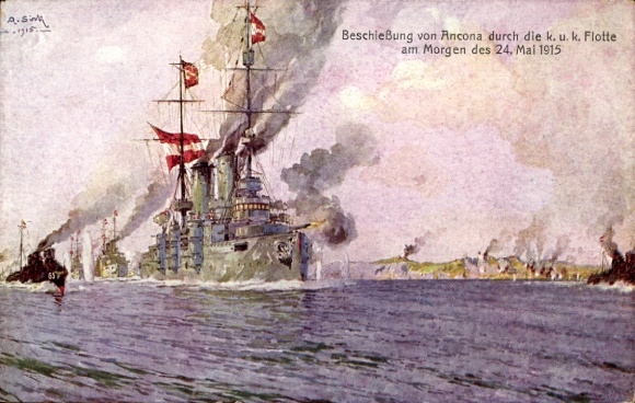 Artist Postcard Ancona Marche, Austrian warship, Babenberg, battleship, WWI
