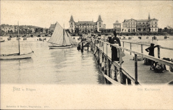 Baltic Sea resort of Binz on Rügen, spa buildings seen from the pier