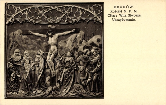 Postcard Bielany Kraków Krakow Poland, Crucifixion scene, altar by Wit Stwosz, religious figures
