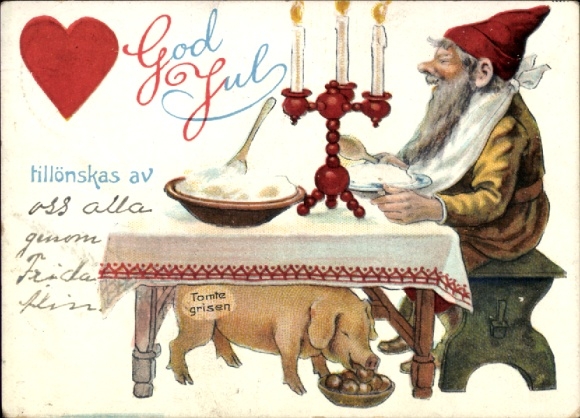 Artist Postcard Nyström, Jenny, Merry Christmas, Dwarf at the table, Pig