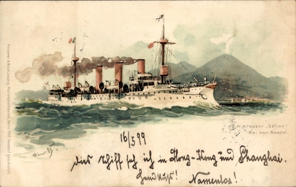 Artist Lithographer: Hans Bohrdt, Naples Campania, German warship, SMS Gefion, cruiser
