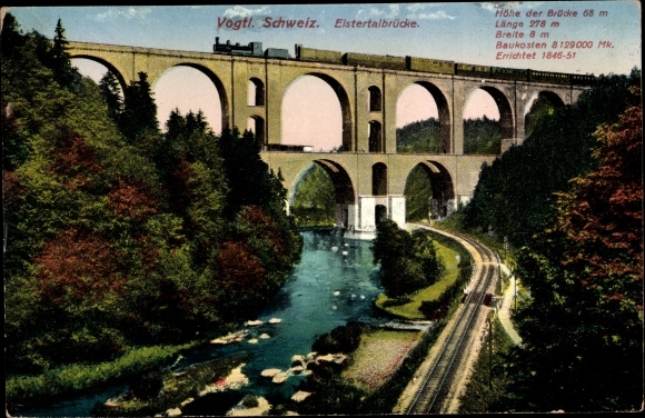 Postcard Jocketa Pöhl in Vogtland, Elstertal Bridge, railway line