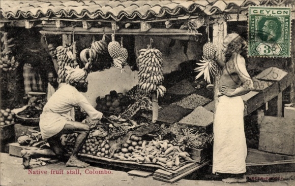 Postcard Colombo Ceylon Sri Lanka, Native fruit stall, Fruits, Market