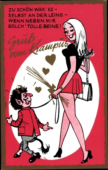 Artist Postcard Krampus on a leash of a blonde in a miniskirt, legs, breasts