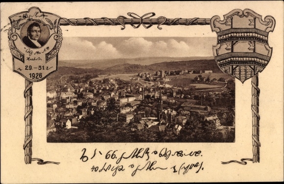 PC Aue in the Erzgebirge of Saxony, panorama, stenography, stenotype day 1926, special cancellation