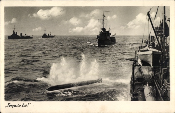 Postcard German warships, torpedo launching, Kriegsmarine, WWII