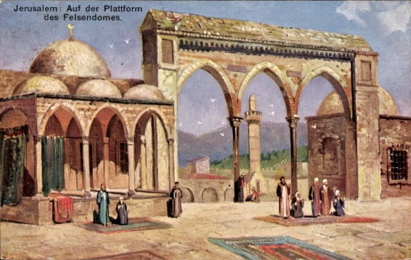 Postcard Jerusalem Israel, Dome of the Rock, platform, people, carpets