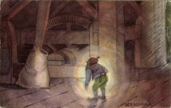 Artist Postcard Kekmaa, dwarf, building, sack, lighting