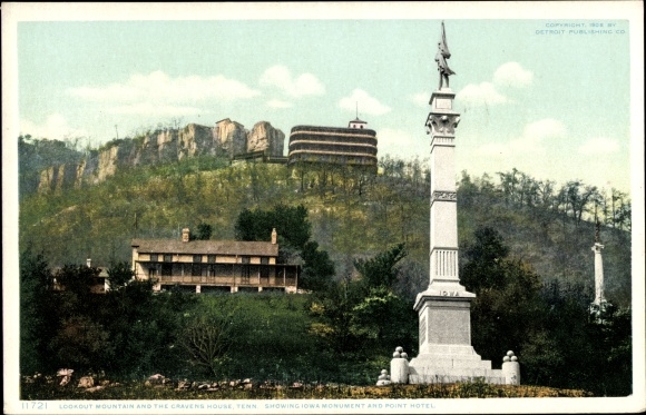 Postcard Lookout Mountain Tennessee USA, Cravens House, Iowa Monument and Point Hotel