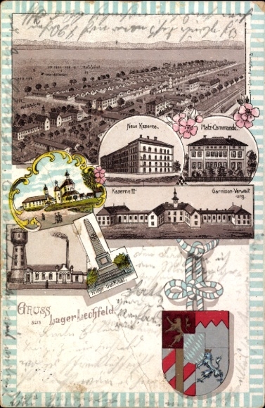 Coat of arms Chromo-Litho Lagerlechfeld Graben Schwaben, New Barracks, Command Square, Garrison Administration