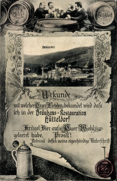 AK Vienna 13 Hietzing Hütteldorf, Brewery, Brewery Restaurant, Certificate