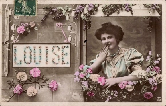 Letters Postcard First name Louise, woman at the window, telephone line
