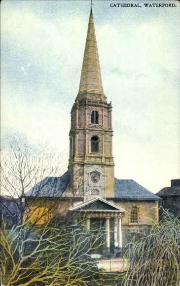 Postcard Waterford Ireland, Cathedral, Waterford, high tower, trees in the foreground