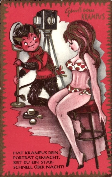 Krampus, camera, woman in bikini