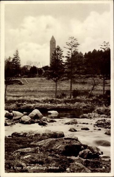 Postcard Glendalough Co. Wicklow Ireland, shore view, stream, tower