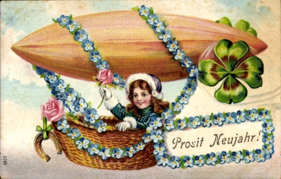 Postcard Congratulations New Year, girl, zeppelin, four-leaf clover, horseshoe
