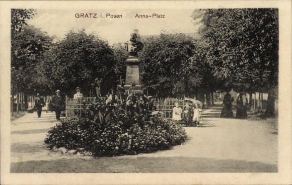 Postcard Grodzisk Wielkopolski Grätz Posen, GRATZ i. Posen, Anna-Platz, Statue, Trees, People