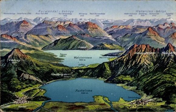 Maps Postcard Kochel am See Upper Bavaria, Kochelsee, Walchensee, Urfeld, Schlehdorf, Herzogstand