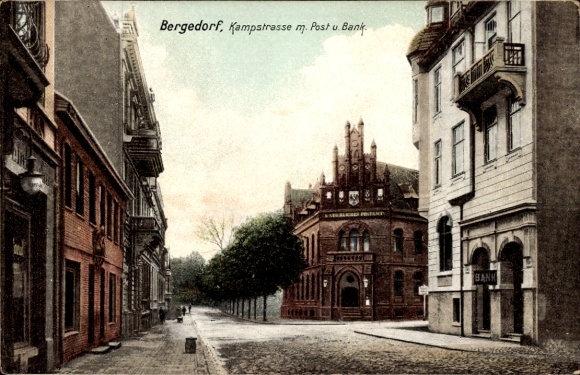 Postcard Hamburg Bergedorf, Kampfstraße, Post Office, Bank