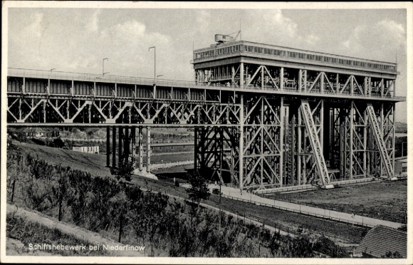 Postcard Niederfinow in Brandenburg, boat lift, partial view from the southwest