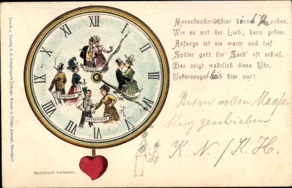 Lithograph clock, couple in love, in love, engaged, married, divorced