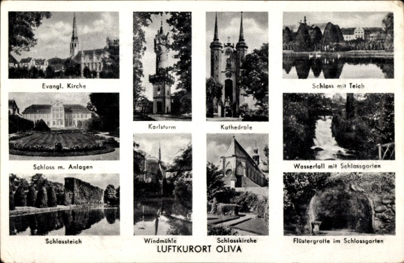Postcard Oliva Gdańsk Danzig, Cathedral, Castle, Pond, Evangelical Church