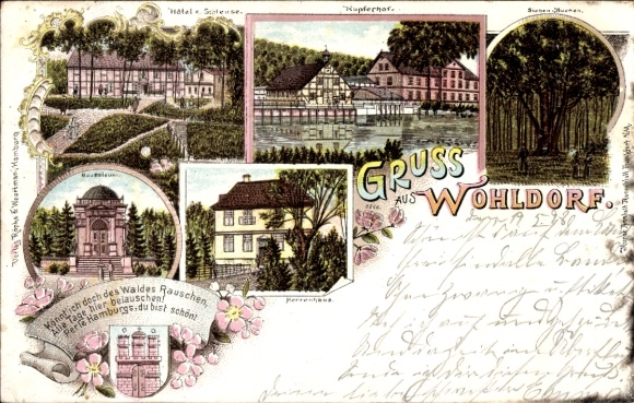 Lithograph Hamburg Wandsbek Wohldorf, Kupferhof, Hotel zum Waldhaus, Herrenhaus