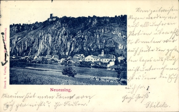 Postcard Neuessing Essing in the Altmühl Valley, mountain landscape, village view, text about weather, no personal details