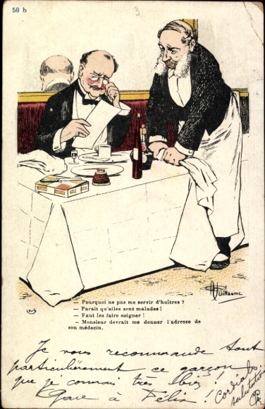 Artist Postcard Guillaume, Albert, Man reading the menu in a restaurant, waiter