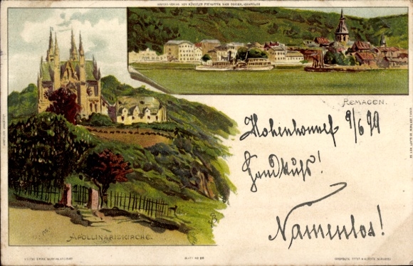 Artist Lithographer Biese, C., Remagen am Rhein, Total view, Apollinaris Church
