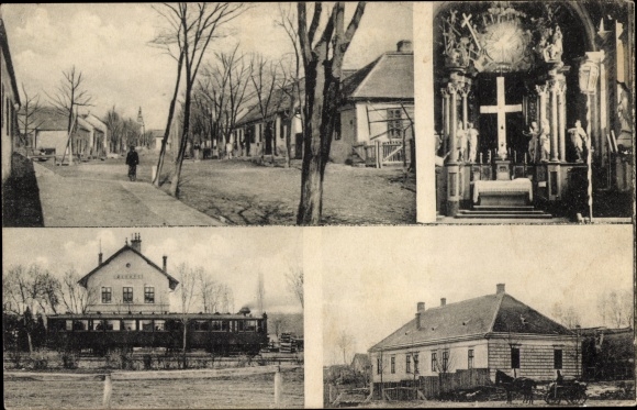 Postcard Herrye, train station, church, interior view, local areas