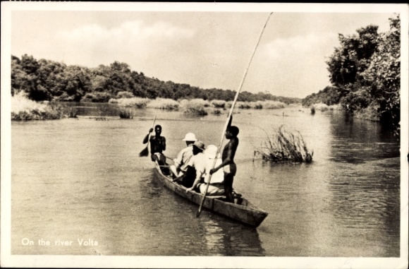 Postcard Ghana, Volta River, people in a rowboat