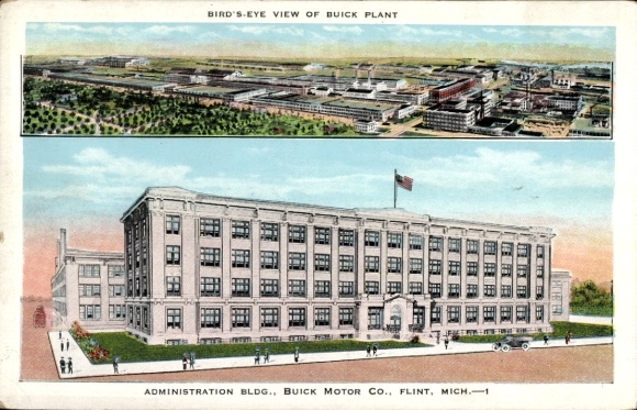 Postcard Flint Michigan USA, bird's eye view of the Buick factory, administration building, US flag