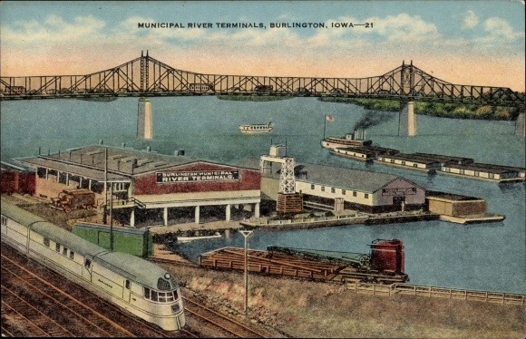 Postcard Burlington Iowa USA, urban river terminals