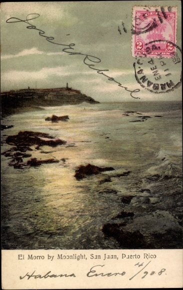 Postcard San Juan, Puerto Rico, El Morro by moonlight