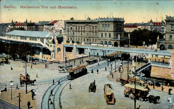 Berlin Kreuzberg, Hallesches Tor with elevated railway, tram, horse-drawn carriages