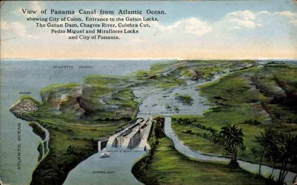 Postcard Colón Panama, Gatun Locks, Gatun Dam, Chagres River, Culebra Cut
