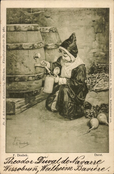 Artist Postcard Doubek, F., Durst, Kindl, Bierfass