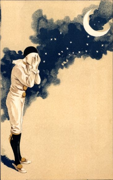 Chromo-Litho Harlequin holding hands in front of face, moon, sky with stars