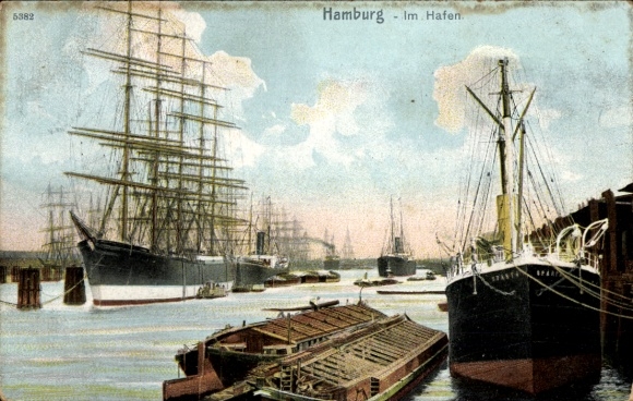 Hamburg Harburg, In the harbor, ships, sails, boats, Elbe, five-masted ships