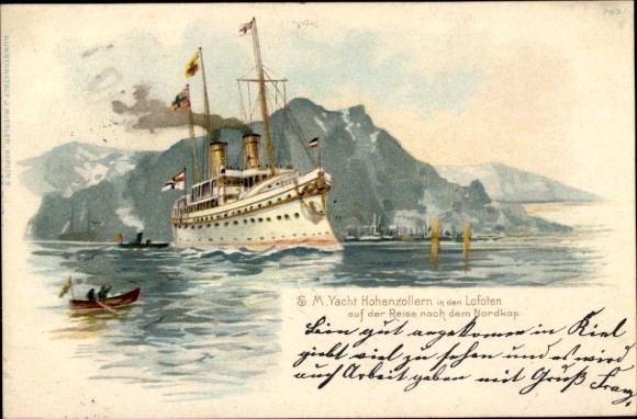 Artist's lithograph of a German warship, SMY Hohenzollern, in the Lofoten Islands, North Cape trip