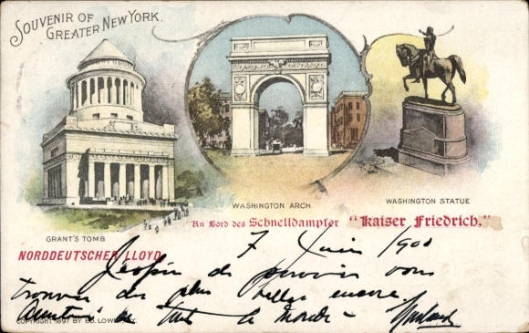 Postcard New York City USA, Grant's Tomb, Washington Arch, Washington Statue, souvenir of New York