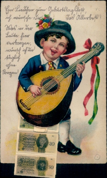 Leporello Postcard banknotes, twenty Reichsmarks, fifty Reichsmarks