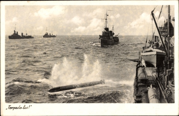 Postcard German warships, torpedo loose, Kriegsmarine, WWII