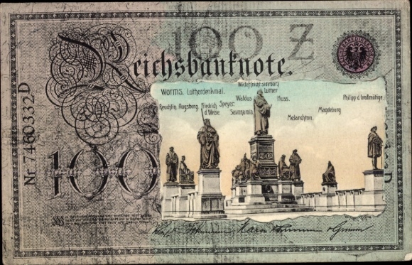 Passepartout AK Worms on the Rhine, Luther Monument, banknote